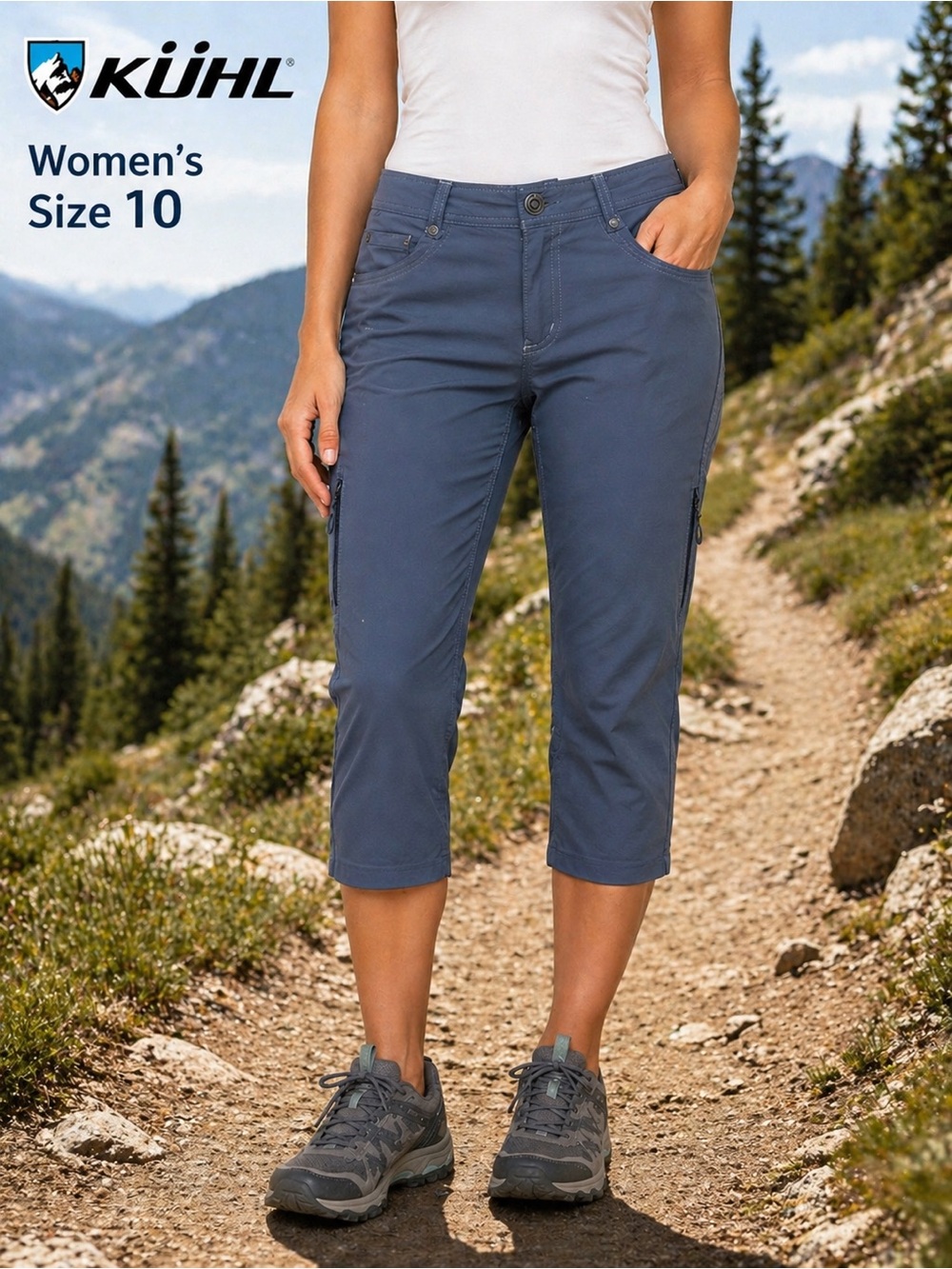 KÜHL Women’s Cropped Hiking Pants Size 10 Blue Gray Stretch Zip Pocket Outdoor